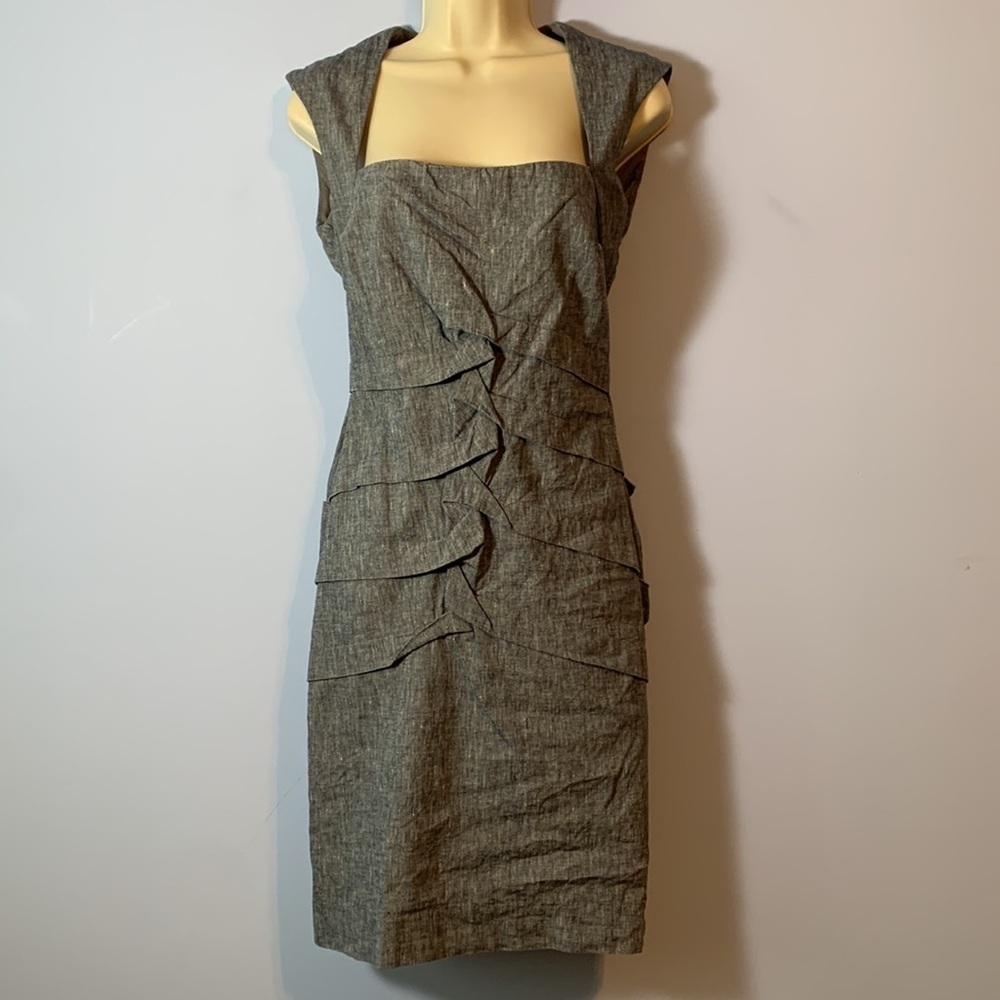 Nicole Miller Studio Grey linen fold dress square neck tucked size 4 mini career